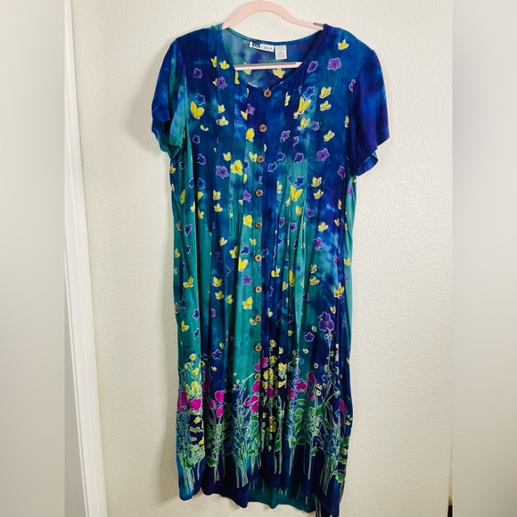 la cera Dresses & Skirts - LA CERA Vintage Floral Butterfly Button Down Scoop Neck Rayon Dress Size Large